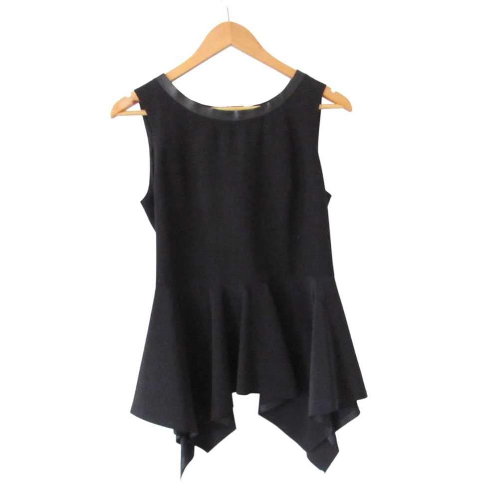 Sportmax Max Mara Black Sleeveless Silk Top Blouse 8 Peplum Leather Trim Edgy